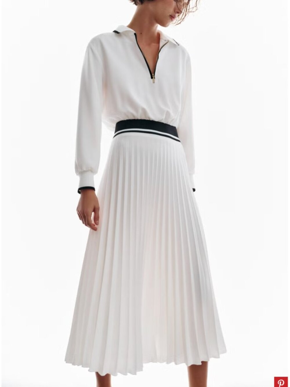 ZARA White Pleated Midi Dress Collar Long Sleeve NWT S